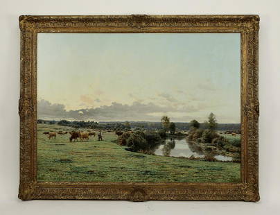 Signed Jean F. Monchablon, O/c 'Summer in France': Signed Jean Ferdinand Monchablon (French, 1854-1904) 'Summer in France,' 1882, executed in oil on canvas, depicting a farmer observing his grazing cows in a lush, expansive meadow with a winding river