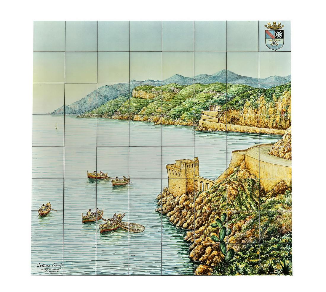 Signed, hand-painted Amalfi Coast ceramic tile scene: Group of (64) hand-painted pictorial ceramic tiles, together depicting the Amalfi Coast of Italy, signed by artist Alfonso Gargano and dated 1998, each tile measuring 7.75"h x 7.75"w, overall measurin