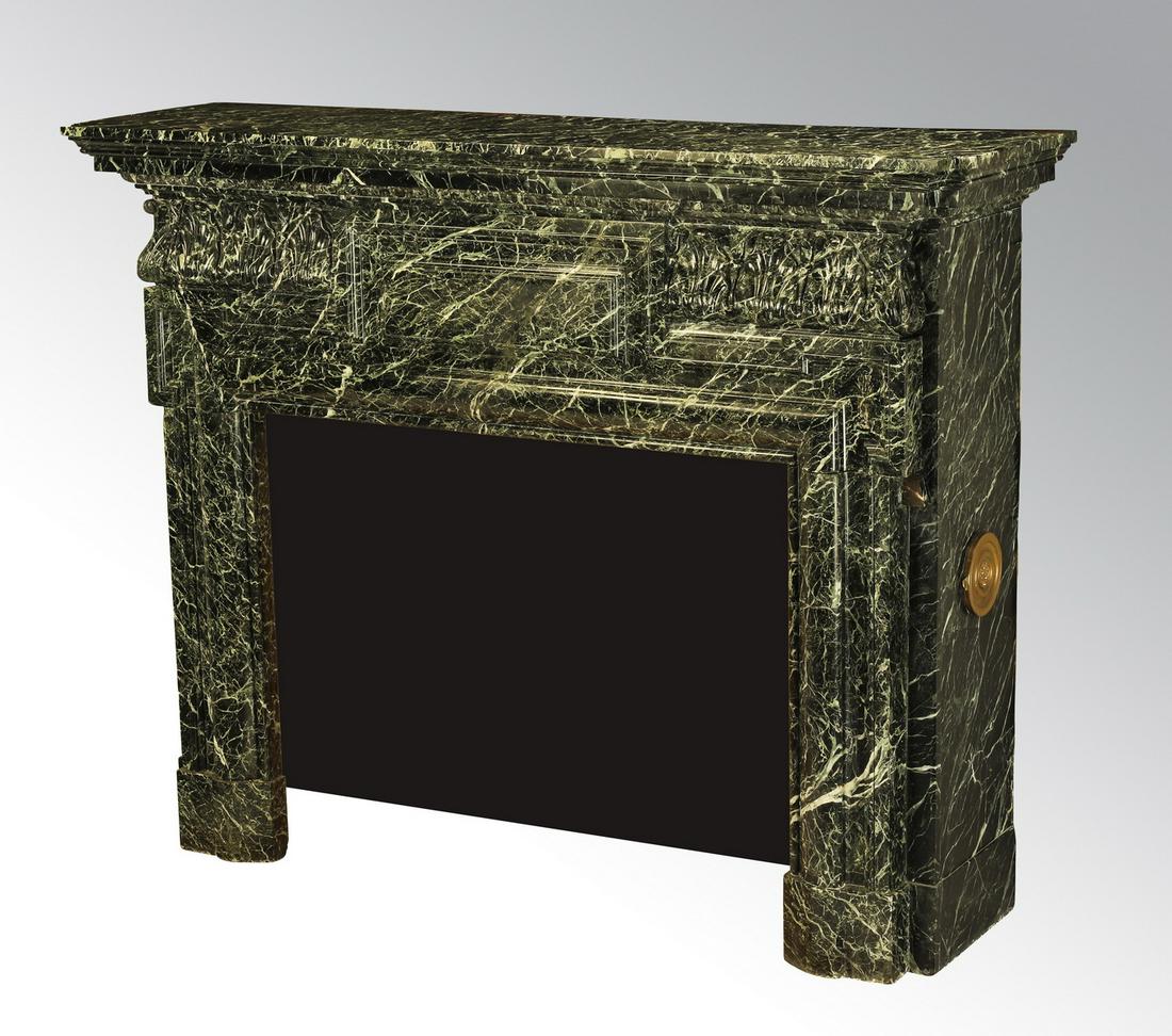 19th c. Italian carved verde marble mantel, 72"w: Late 19th or early 20th century Italian verde marble mantel, having a rectangular top above a stepped cornice surmounting a frieze centering a rectangular panel, flanked by carved acanthus leaves, ris