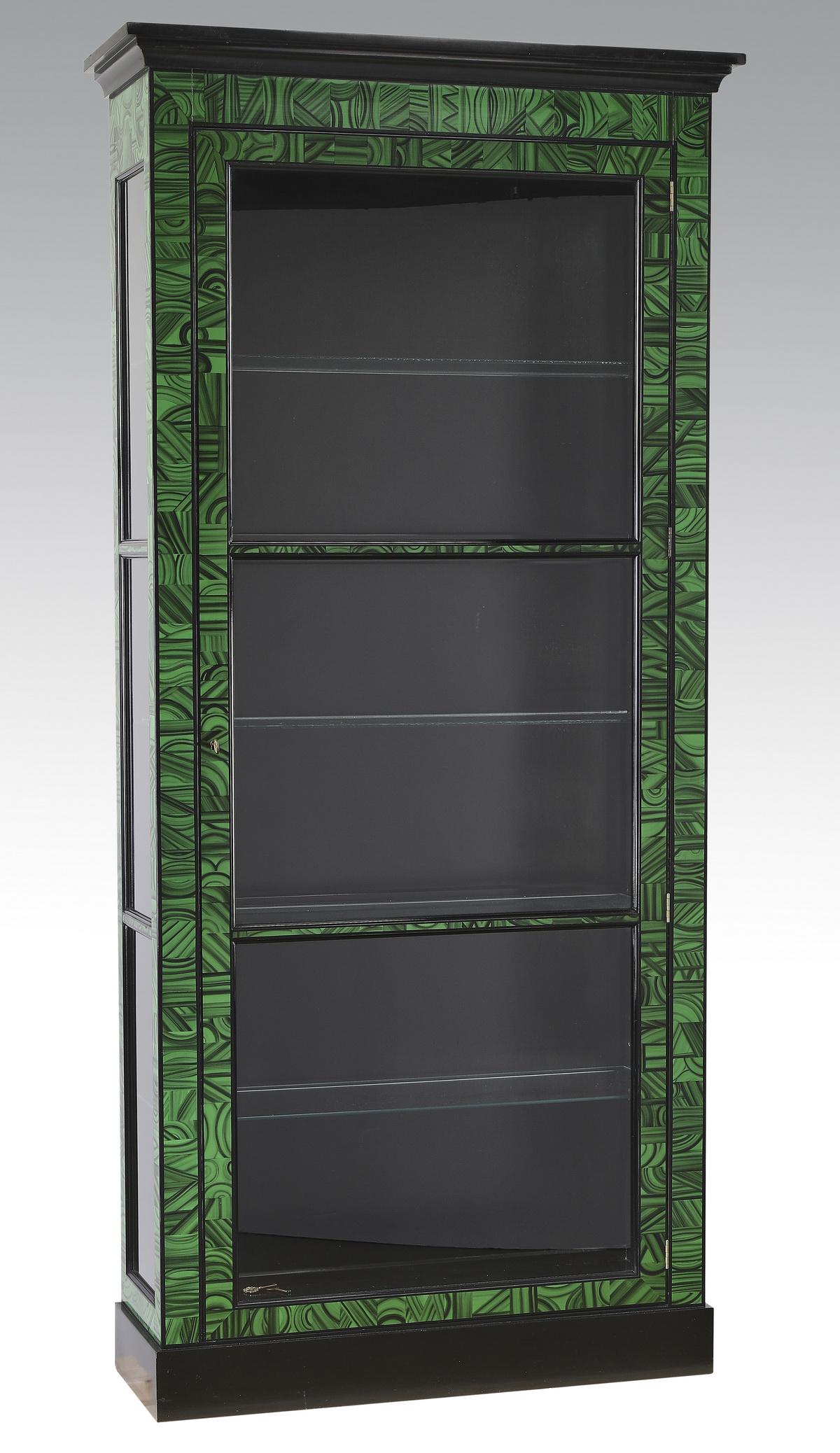 Baker Collector's Edition display cabinet: Baker Collector's Edition modern display cabinet, having a molded cornice rising on the glass and paint-decorated cabinet in an all-over faux malachite finish, the glass door opening to a lighted init