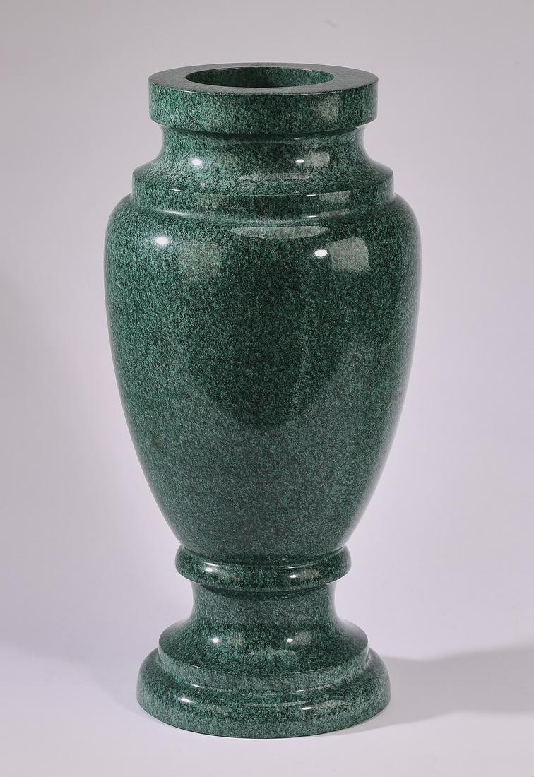 Green granite baluster form vase,16"h: Green granite vase, of baluster form, rising on a socle base terminating to a circular foot, 16"h x 8"dia.