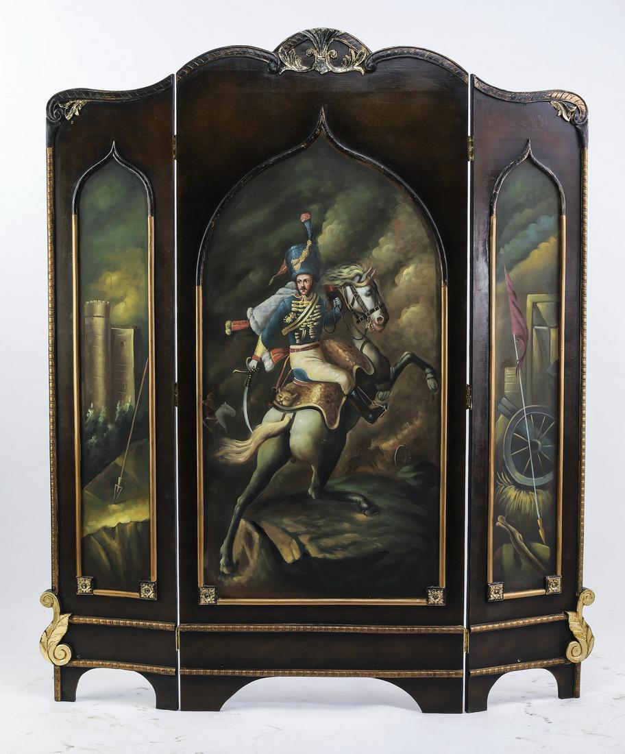 Hand-painted Continental style room divider, 57"w: Hand-painted Continental style wood tripartite room divider, having a scalloped center panel with a parcel-gilt cartouche above the framed scene depicting a Continental soldier on horseback, flanked b