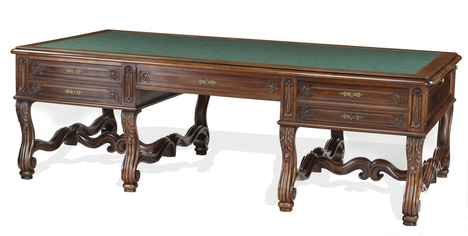 Monumental French partners' desk w/ leather top: Monumental French walnut partners' desk in the Louis XIV taste, late 19th or early 20th century, having a rectangular top with an inset green leather writing surface and additional side pull-outs, sur
