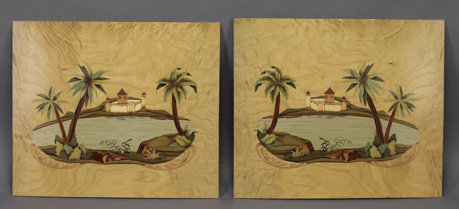 (2) Italian marquetry landscape panels w/ palm trees: Pair of Italian polychrome marquetry inlaid landscape panels, depicting a lake flanked by palm trees in the foreground with a villa in the background, on a light ground, varnished finished, 17.25"h x
