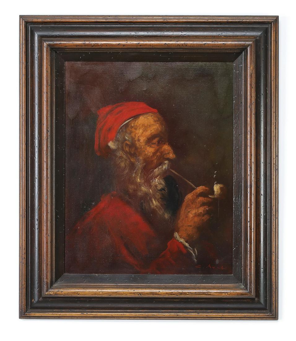 Continental O/c of man smoking a pipe, signed: Early 20th century Continental School oil on canvas depicting an elderly gentleman in a red cap smoking a pipe against a brown ground, artist indistinctly signed 'C. Av..' at lower right, 20"h x 15.5"