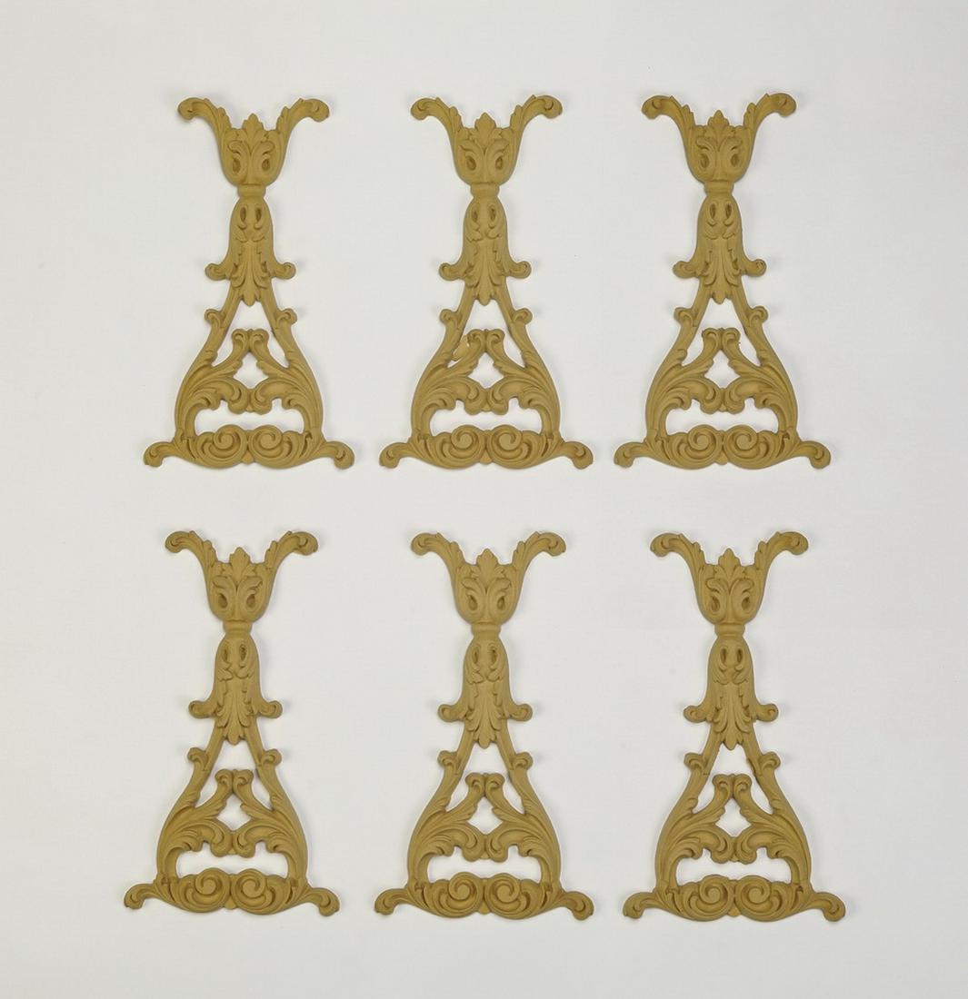 (6) Continental carved wood appliques, 11"h: Group of (6) Continental carved wood appliques, executed in the Renaissance taste with acanthus scrollwork, ready for your own stained or painted finish 10.5"h x 6"w x .25"d.