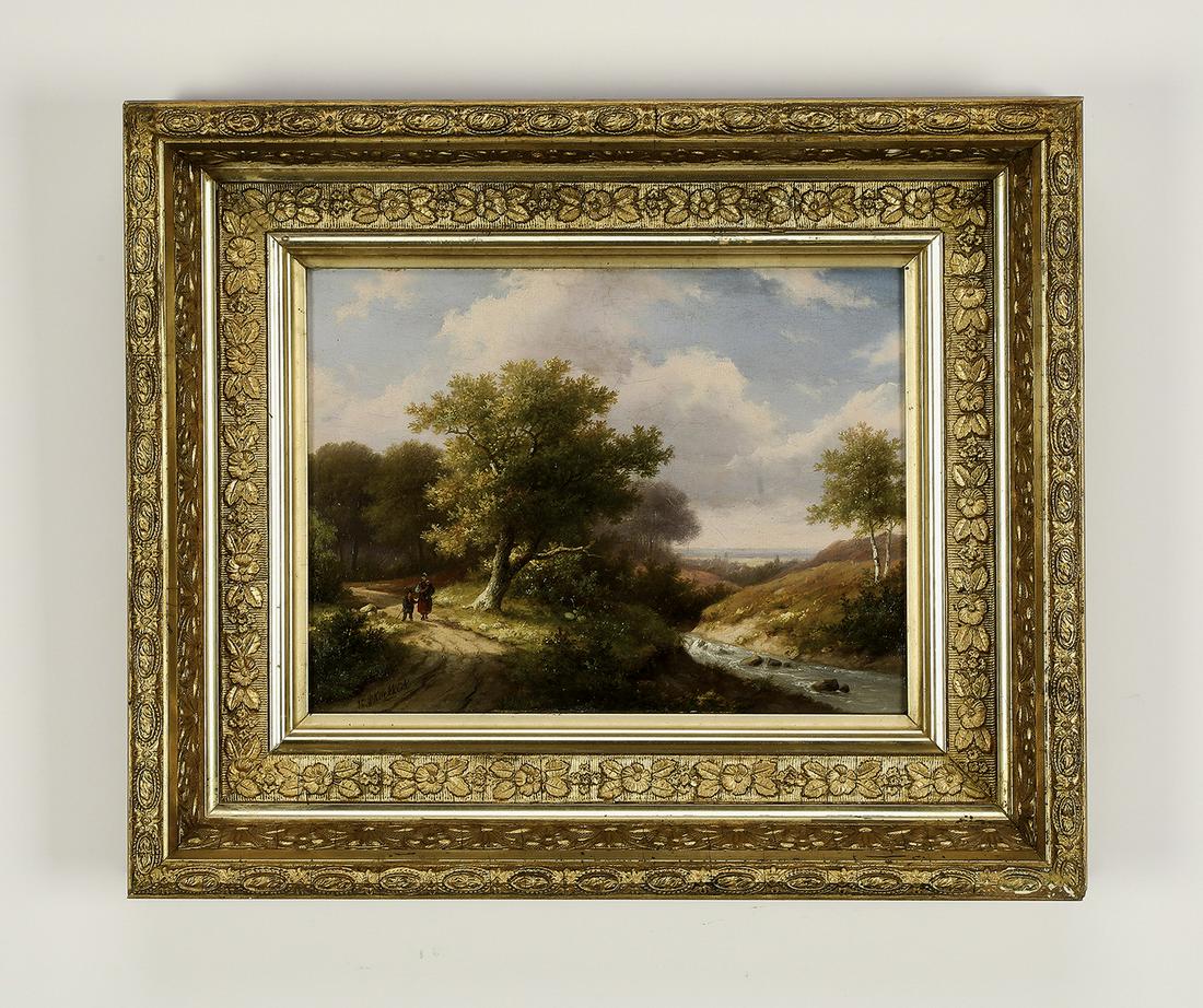 Signed Hendrik Pieter Koekkoek (Dutch) O/b landscape: Signed Hendrik Pieter Koekkoek (Dutch, 1843-1927) landscape, late 19th century, executed in oil on board, depicting a family walking down a winding riverside path, signed lower left, 8.25"h x 11"w, ov