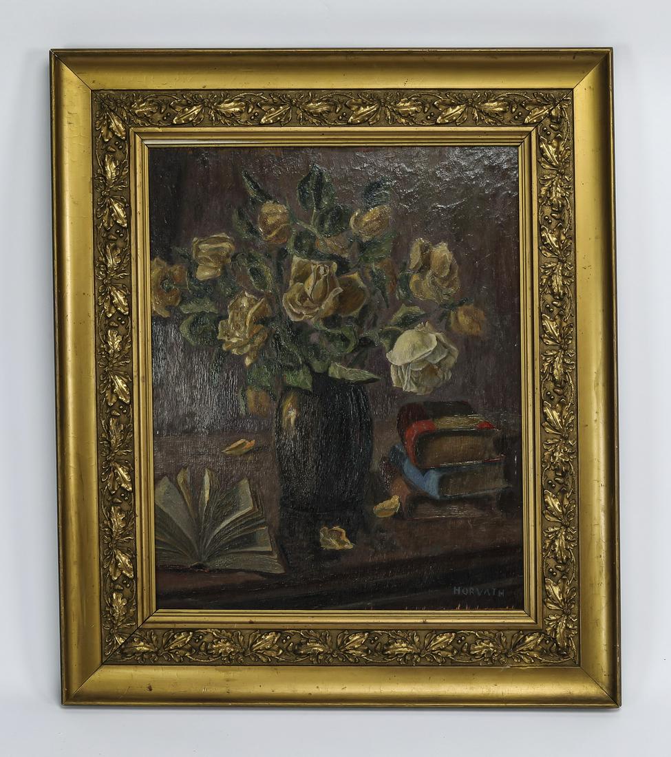 Continental School O/b still life of roses, signed: Continental oil on board still life, mid 20th century, depicting a bouquet of yellow roses resting on a table surrounded by books, signed 'Hovath,' at lower right, 21"h x 16.5"w; overall size with fra