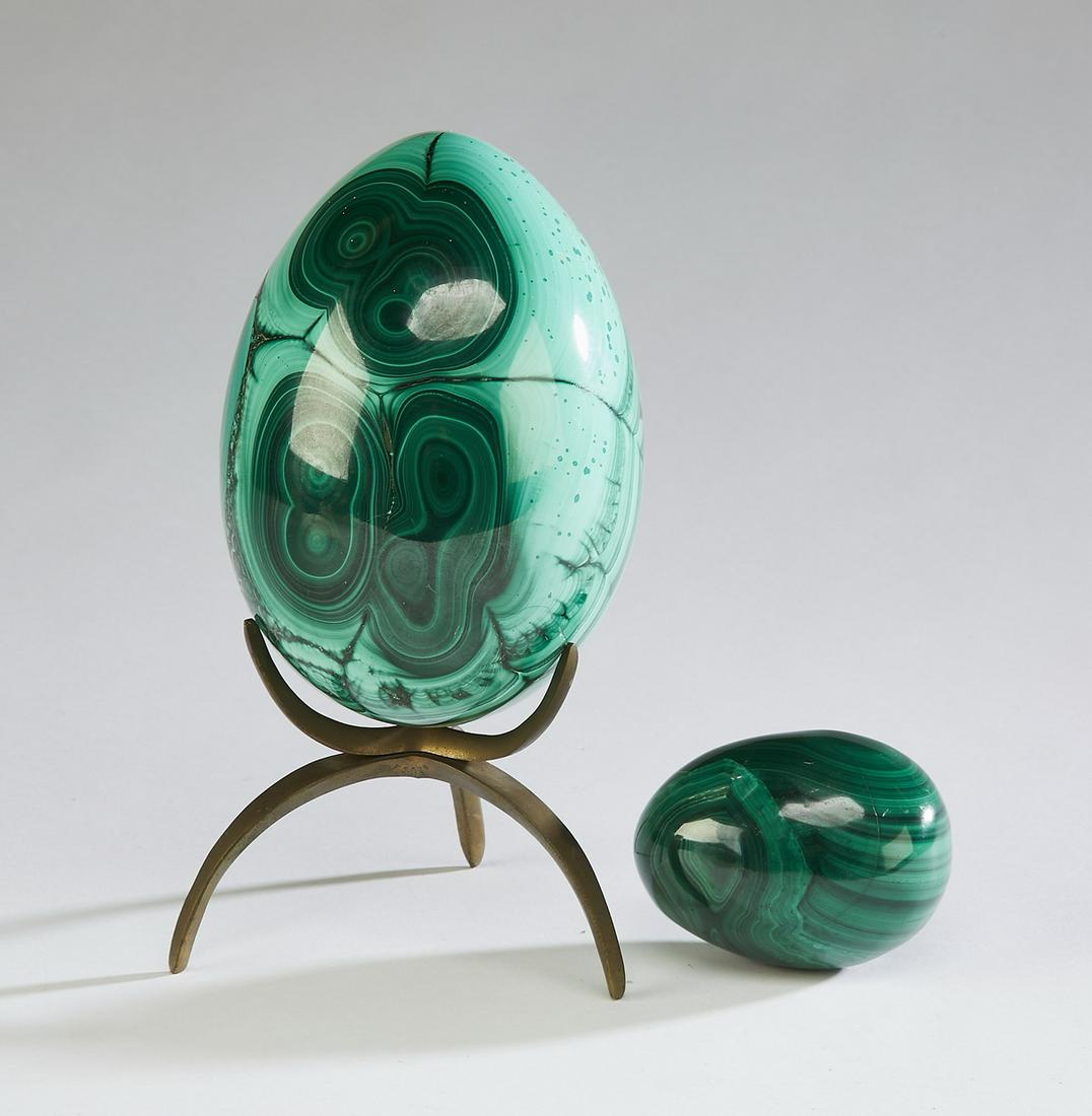 (2) Malachite eggs, one with metal tripod stand (1 of 5)