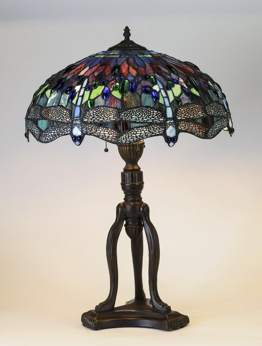 Patinated Tiffany style dragonfly table lamp, 28"h (1 of 3)