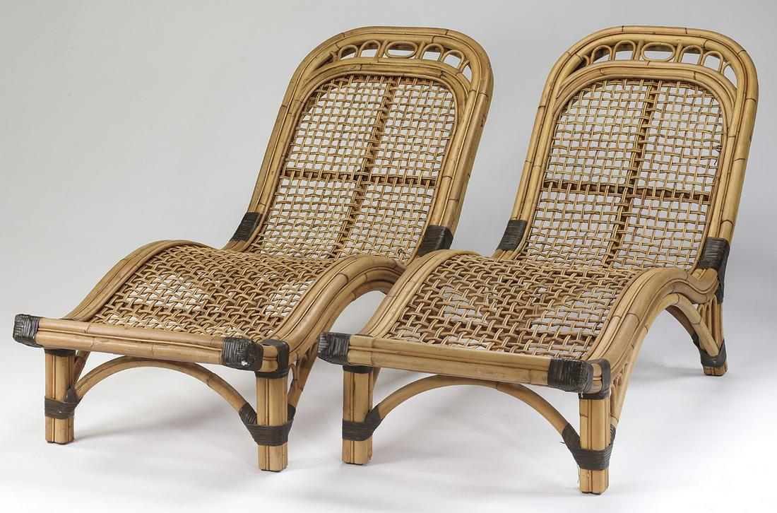 Pair of woven bamboo chaise longues (1 of 6)
