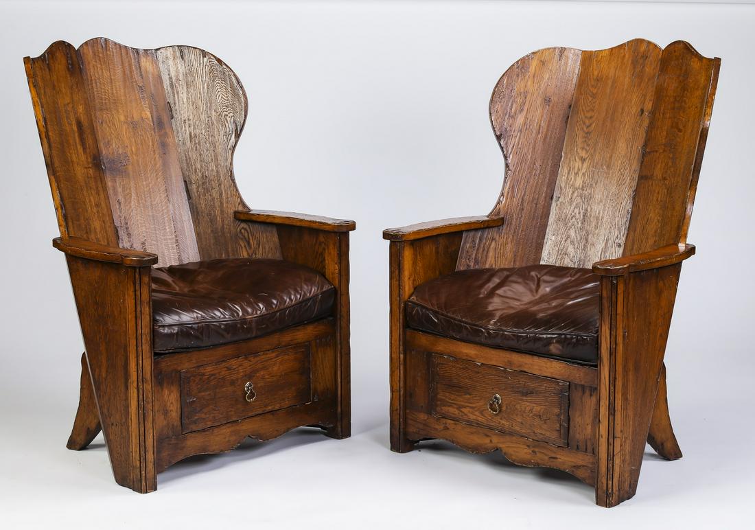 Pair of 19th c. English oak and leather armchairs (1 of 8)