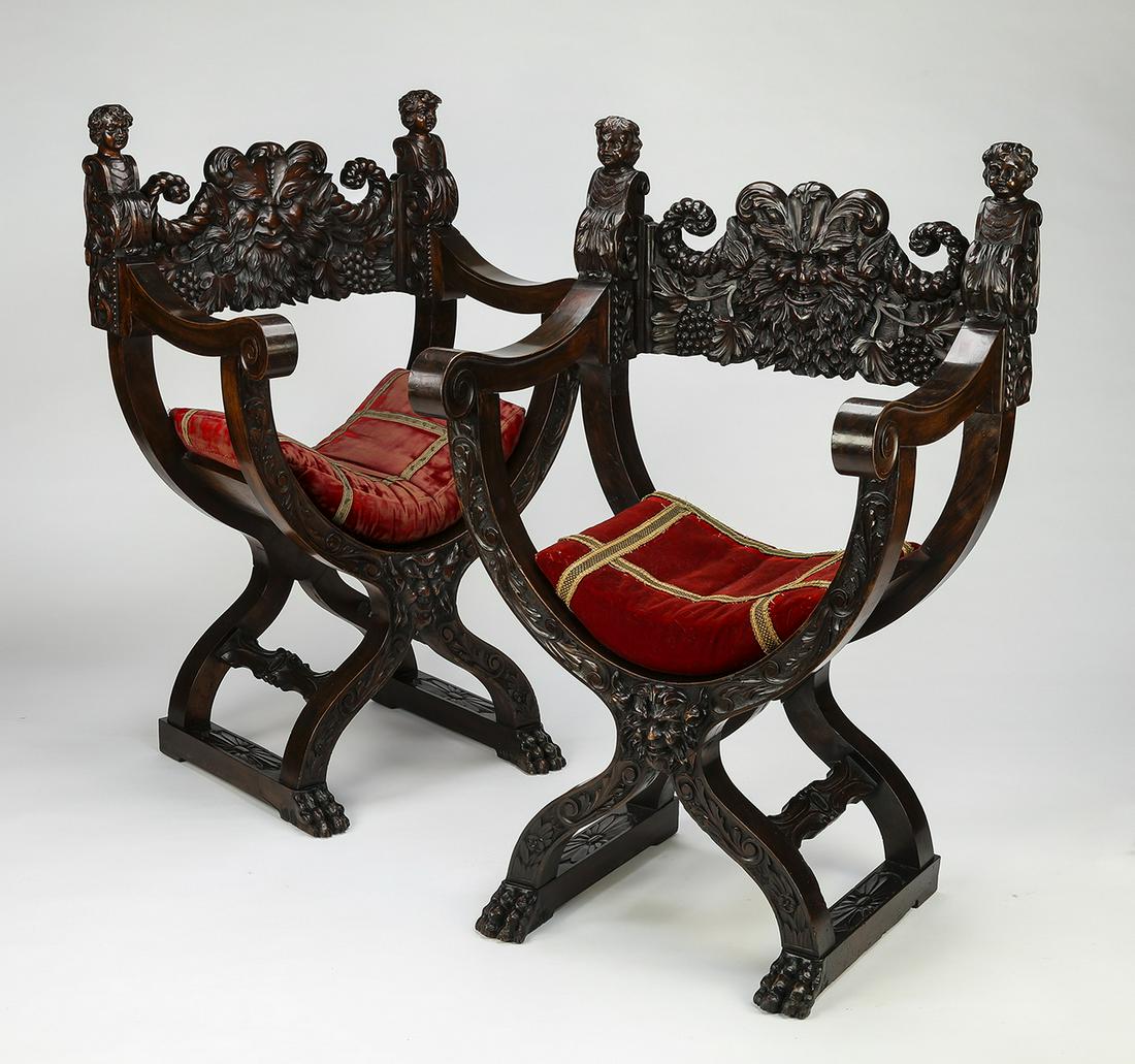 (2) 19th c. Italian carved walnut savonarola chairs (1 of 6)