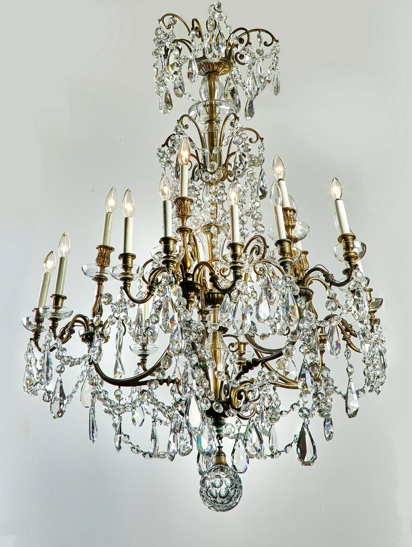 Early 20th c. bronze and crystal 20-light chandelier (1 of 3)