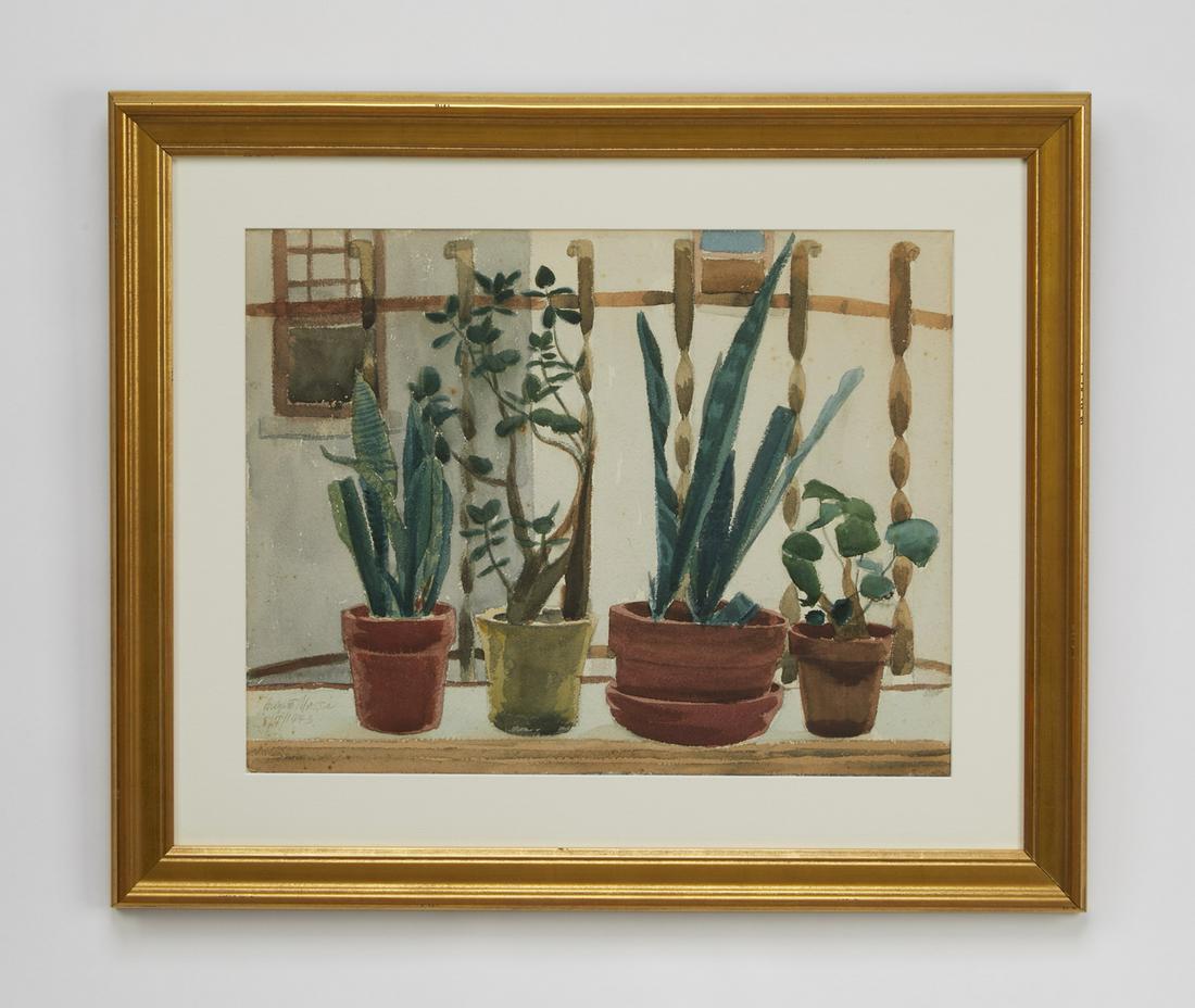 Signed August Mosca watercolor still life, 1943: Signed August Mosca (Italian/American, 1907-2003) still life, 1943, executed in watercolor on paper, depicting various plants growing in terracotta pots on a sunsoaked windowsill, signed and dated low