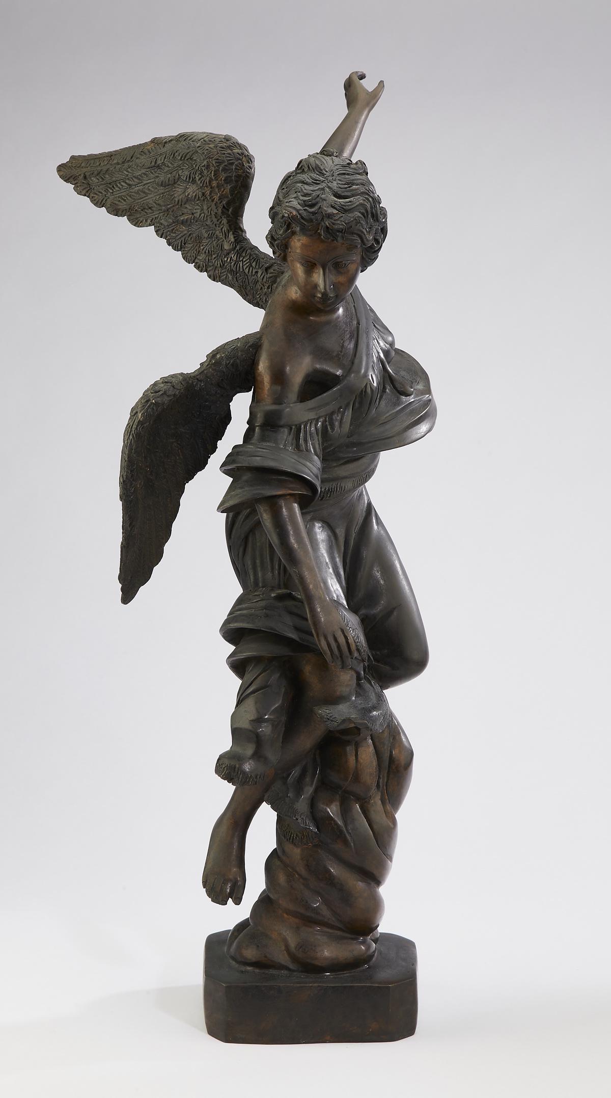 Style of Emile Bruchon, sculpture of a winged maiden: Bronze sculpture in the style of Emile Bruchon (France, 1806 - 1895), depicting a winged maiden wearing a tunic and spiraling fringed mantel, 22"h x 9"w x 9"d.