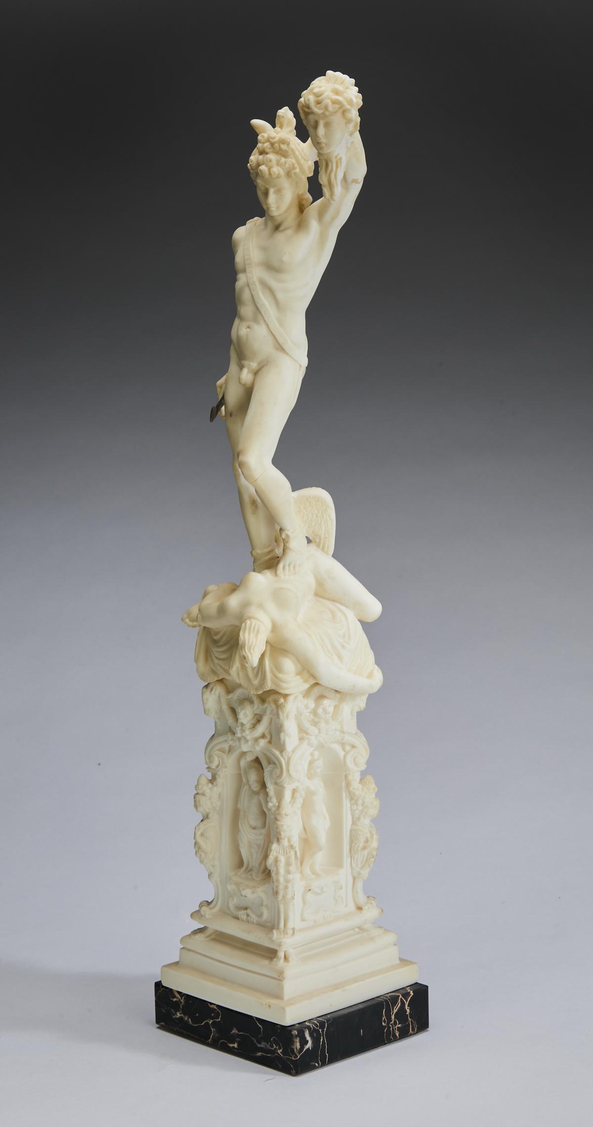 After Cellini, 'Perseus w/ the Head of Medusa,' 22"h: Composition sculpture after Benvenuto Cellini (Italian, 1500 - 1571), late 20th century, of 'Perseus with the Head of Medusa,' depicting a nude youth holding Medusa's head in one hand and his weapon i