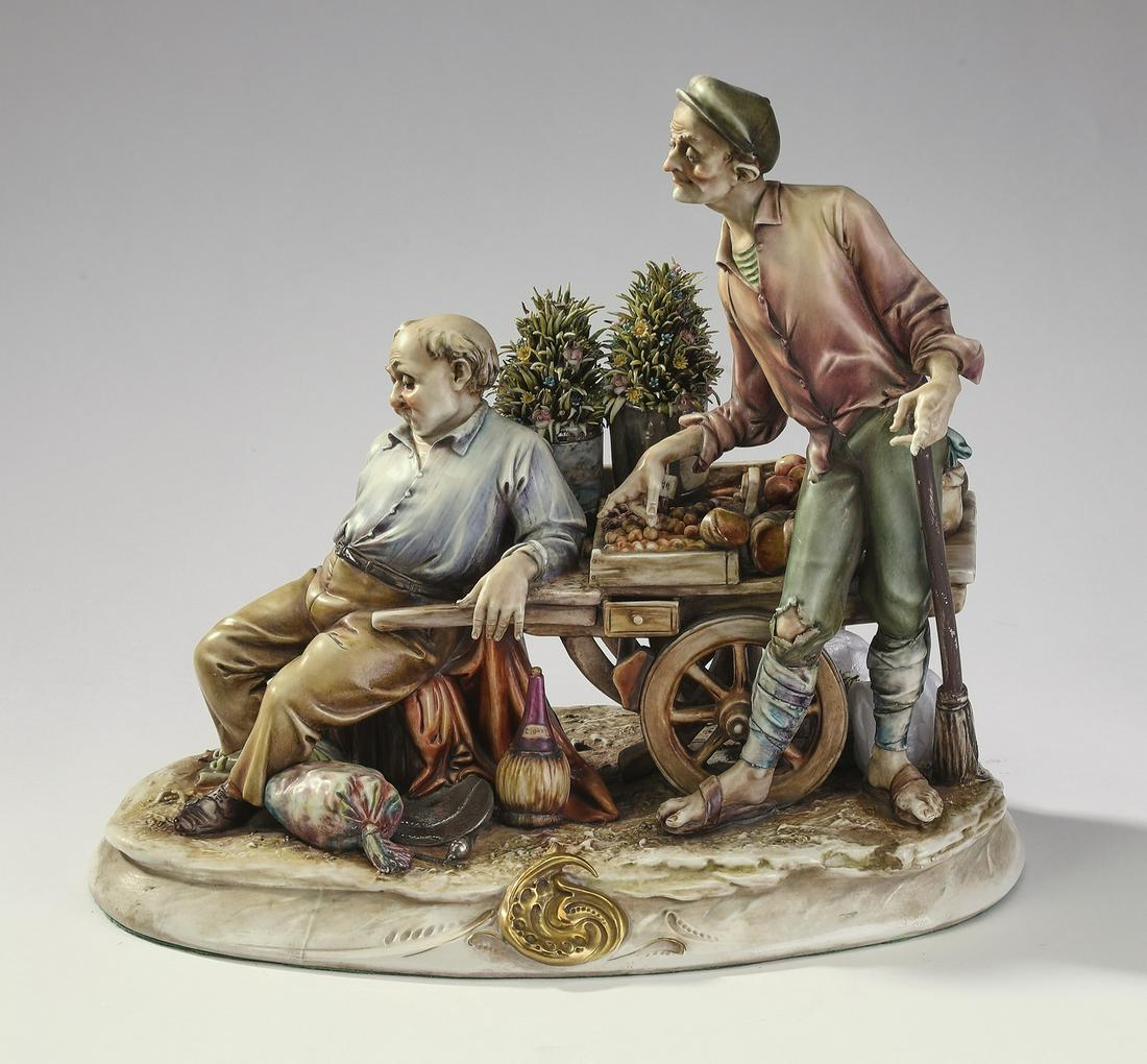 Antonio Borsato porcelain grouping, 'Fruit Seller': Antonio Borsato Italian porcelain figural grouping, 'Fruit Seller' depicting a fruit and nut vendor offering his wares from a wooden cart, resting on a signed naturalistic base, 10.5"h x 11.5"l x 7.5"