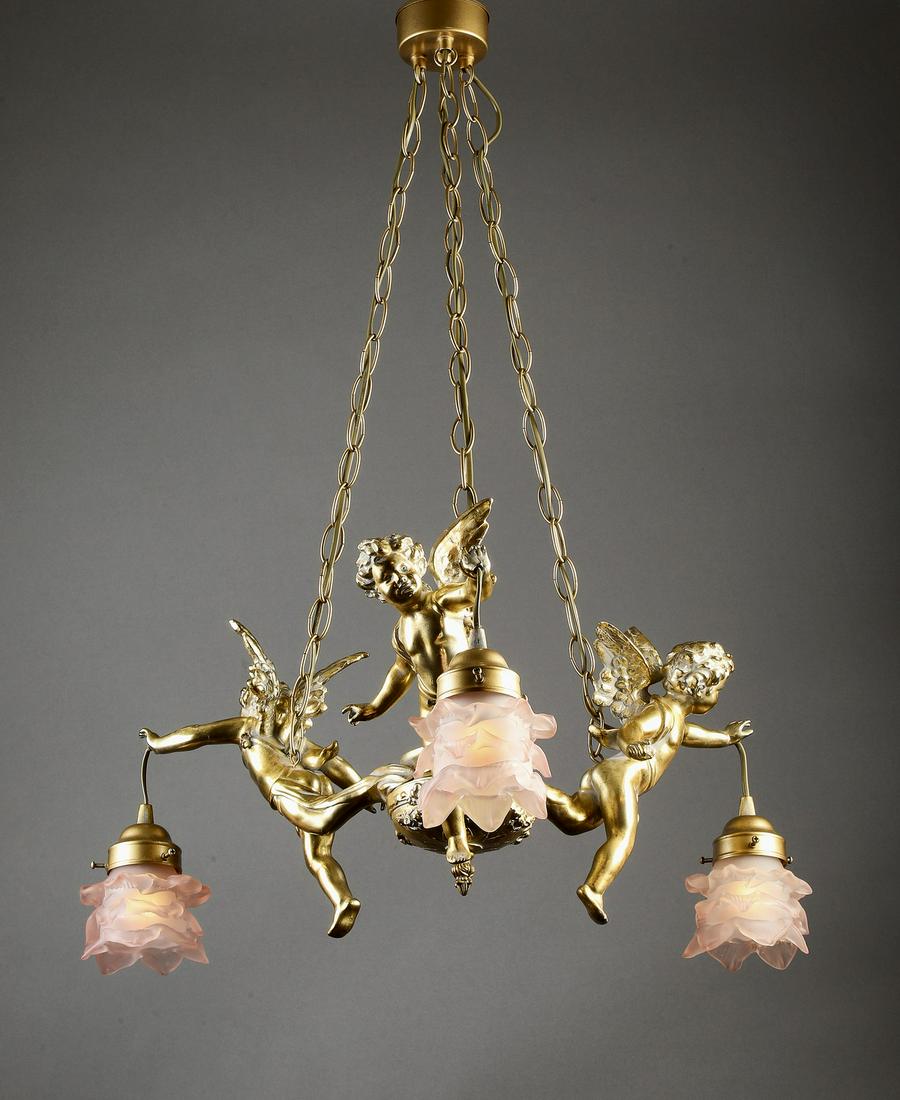 Gilt bronze figural putti three-light chandelier (1 of 1)