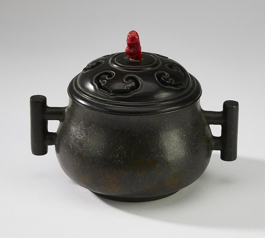 Chinese Ming style bronze censer, carved rosewood lid (1 of 6)