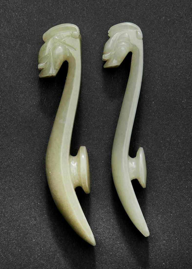 (2) Chinese celadon jade dragon belt hooks, 3.5"l (1 of 4)