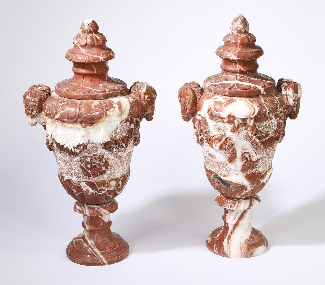 (2) Rouge marble Classical style lidded urns, 30"h (1 of 7)