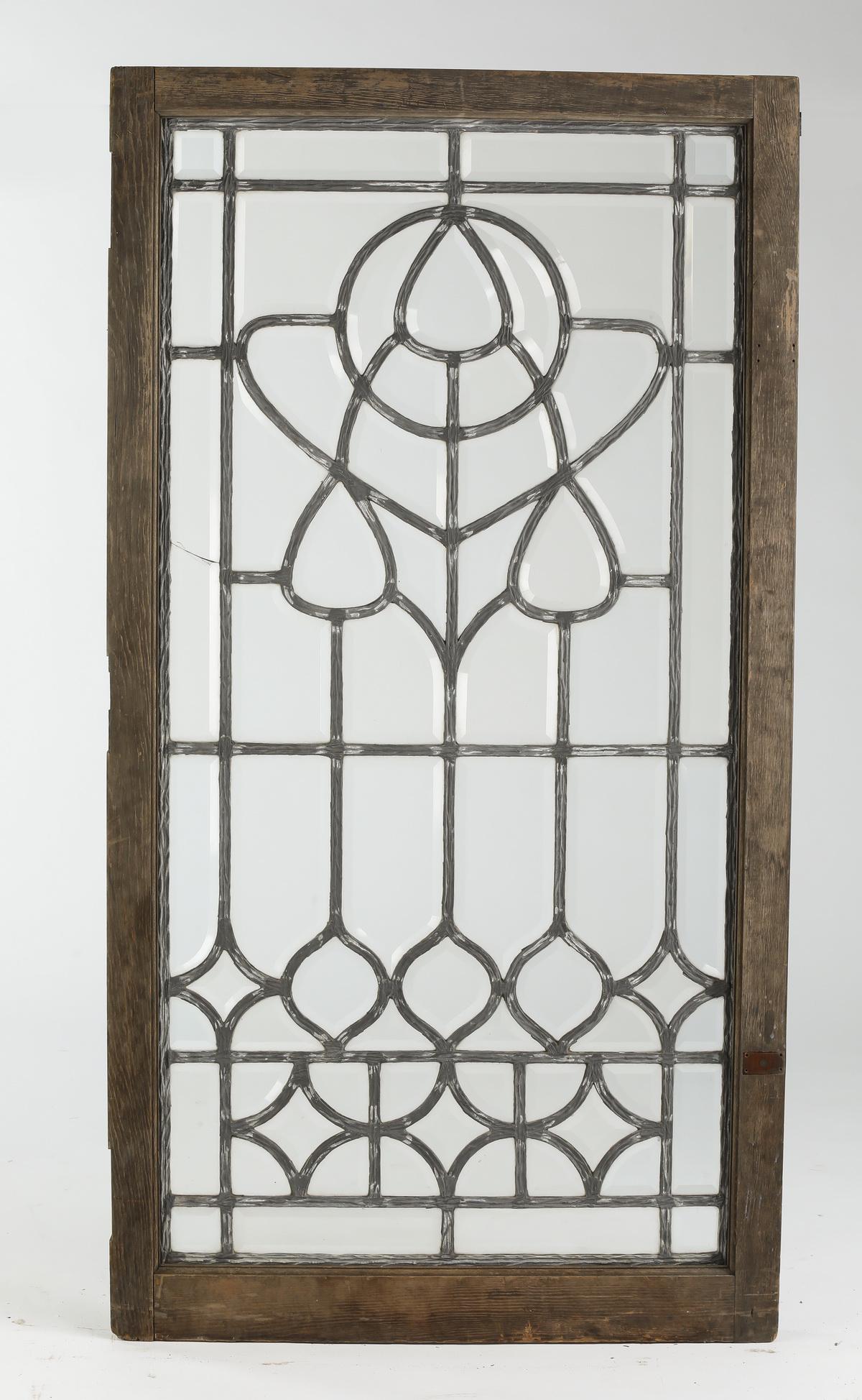 19th c. American leaded beveled glass window, 60"h (1 of 2)