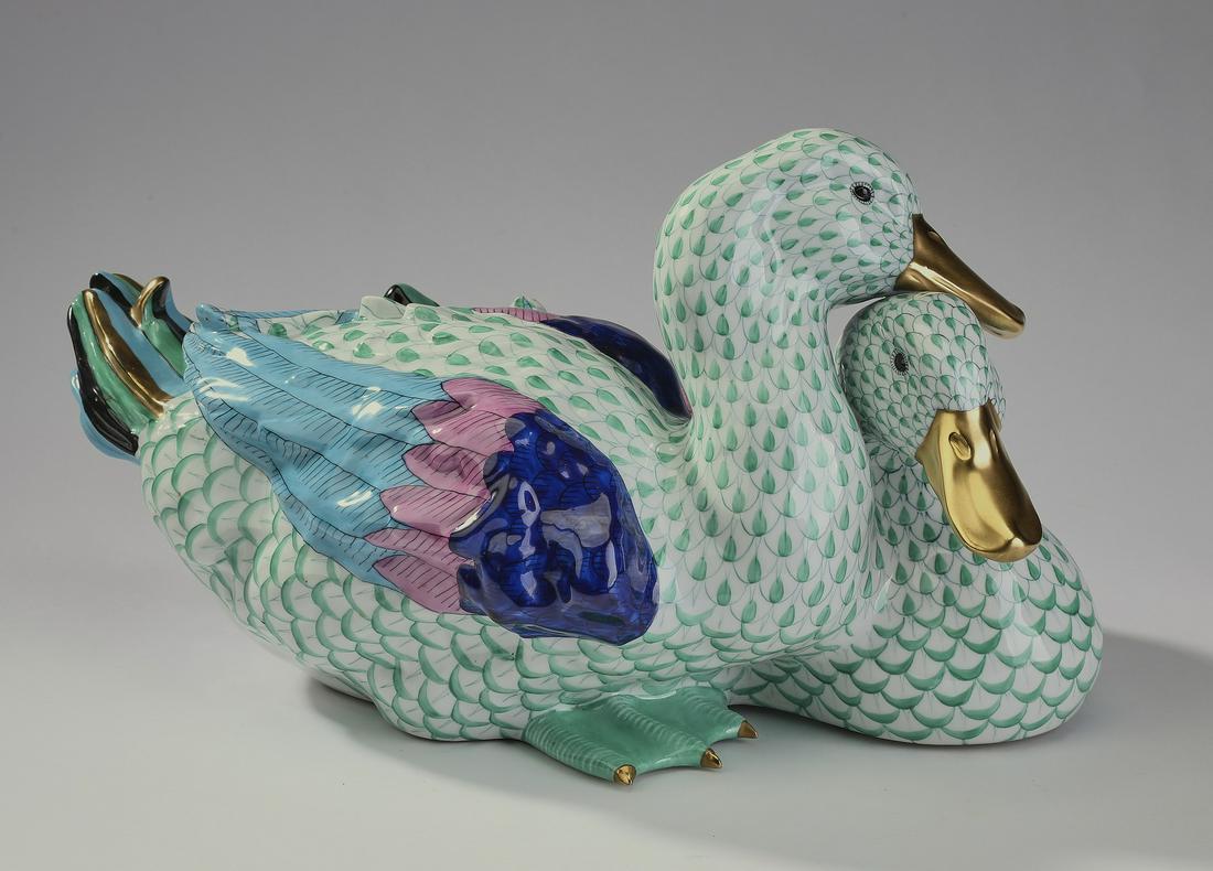 Large Herend porcelain green net ducks, 9"h (1 of 3)
