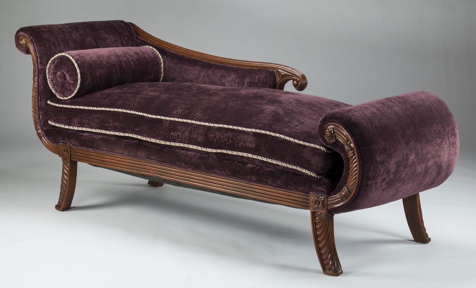 Empire style carved aubergine velvet chaise lounge (1 of 4)