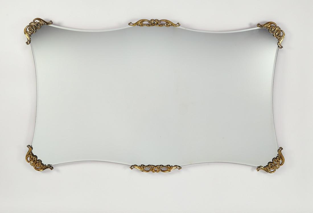 Beveled wall mirror w/ gilt brass mounts, 63"w (1 of 2)