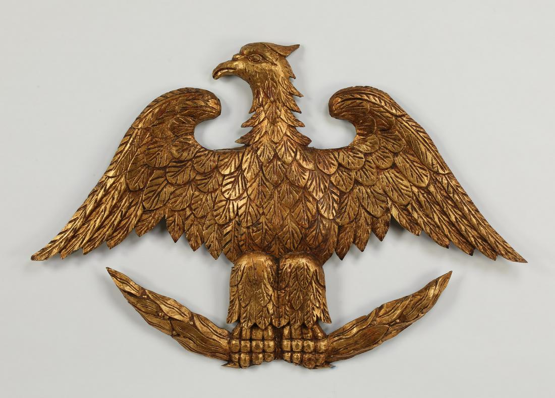 Carved giltwood plaque of American bald eagle, 38"w (1 of 3)