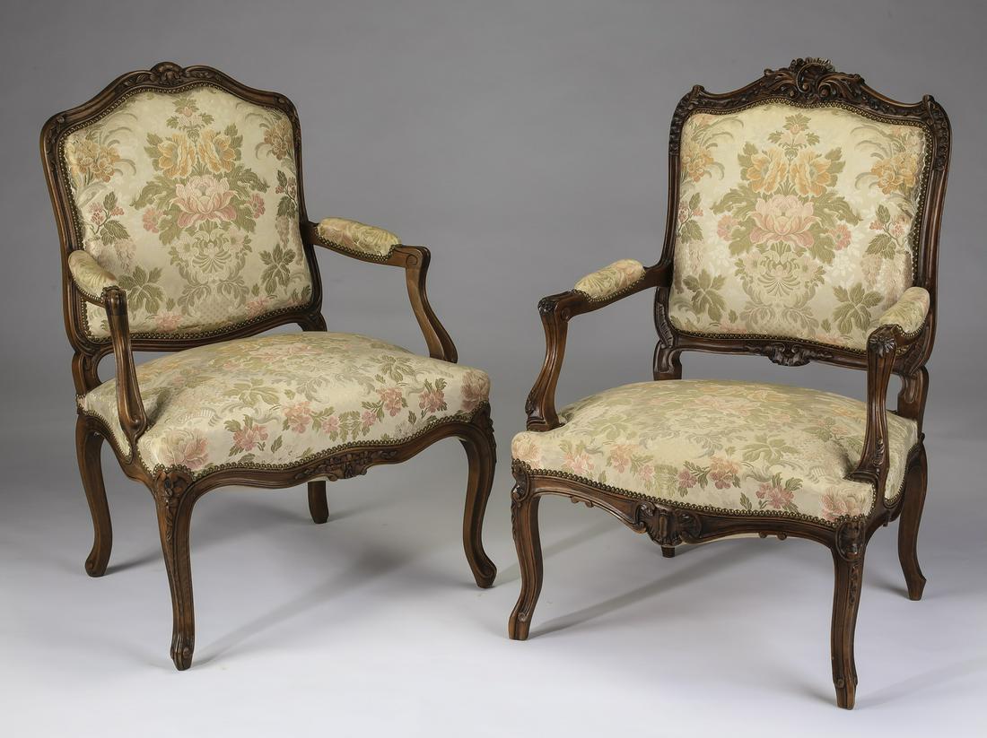 (2) 19th c French walnut armchairs in damask (1 of 2)