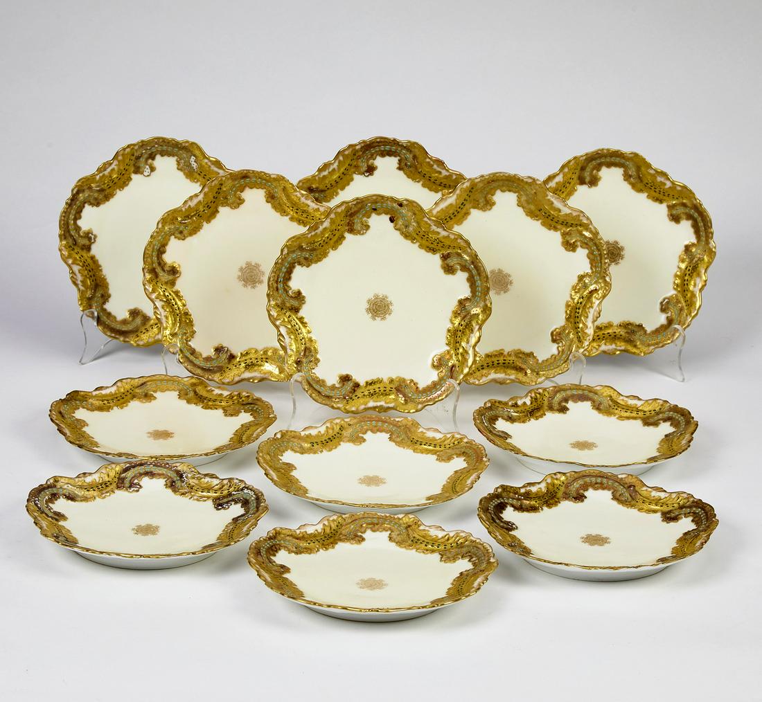 (12) LS and S Limoges gilt porcelain plates, 19th c. (1 of 4)
