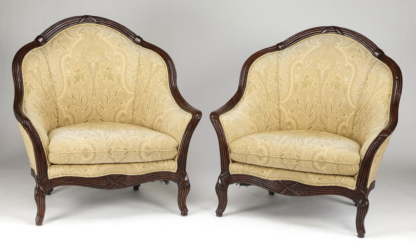 (2) Carved barrel back chairs in cream damask (1 of 3)