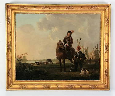 After Aelbert Cuyp, 19th c. equestrian portrait: After Aelbert Jacobsz Cuyp (Dutch, 1620-1691), 19th century oil on canvas depicting an equestrian portrait of Pieter de Roovere, signed and dated illegibly at lower right ' A. Luys / 1855,' 25.5"h x