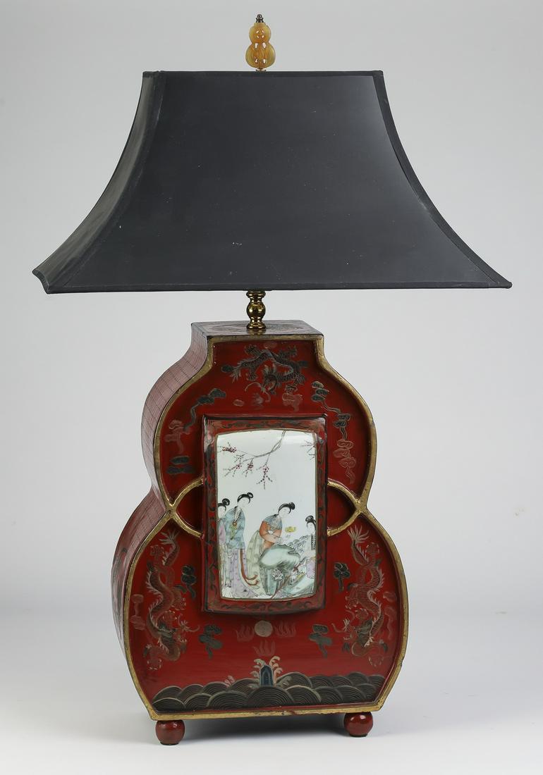 Chinoiserie style carved wood table lamp w/ plaque (1 of 4)