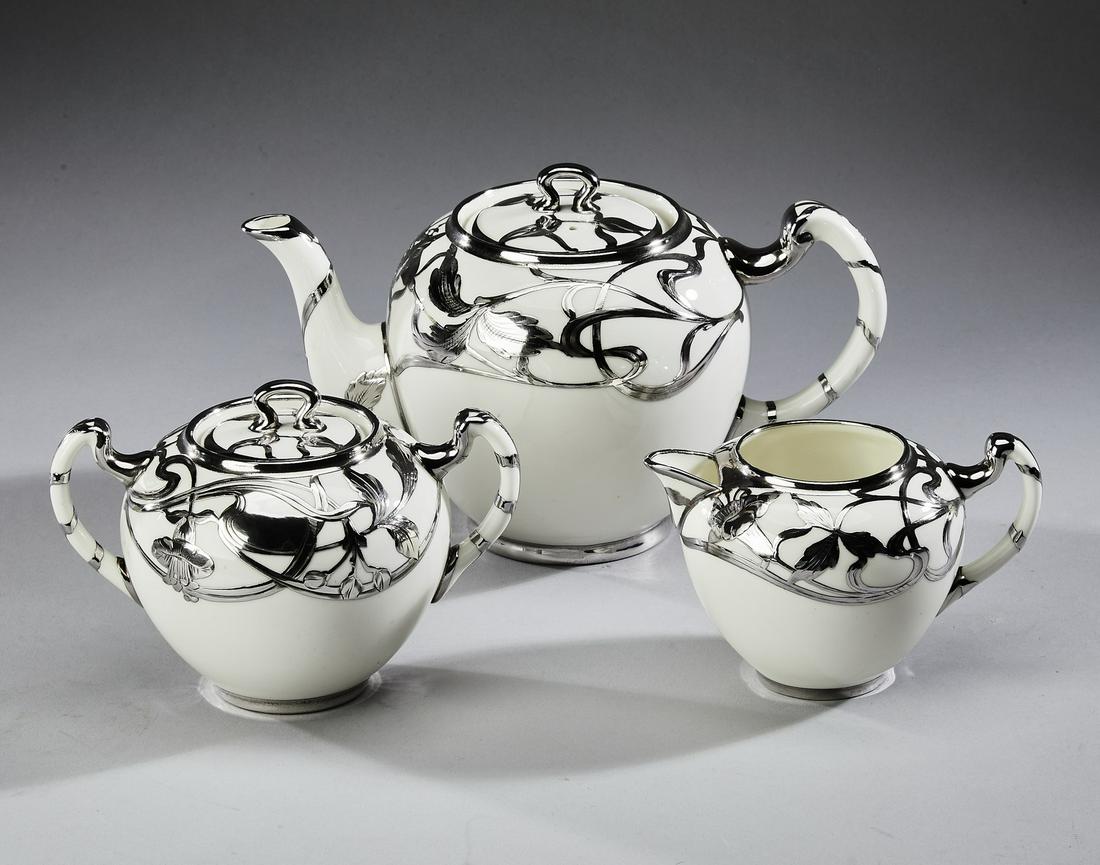 Art Nouveau style silvered porcelain tea set (1 of 2)