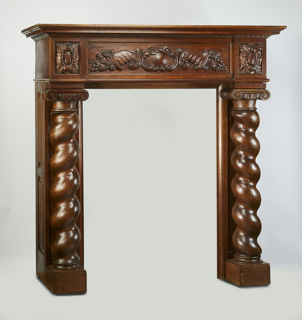 Oversized 19th c. carved oak mantel, 76"h (1 of 7)