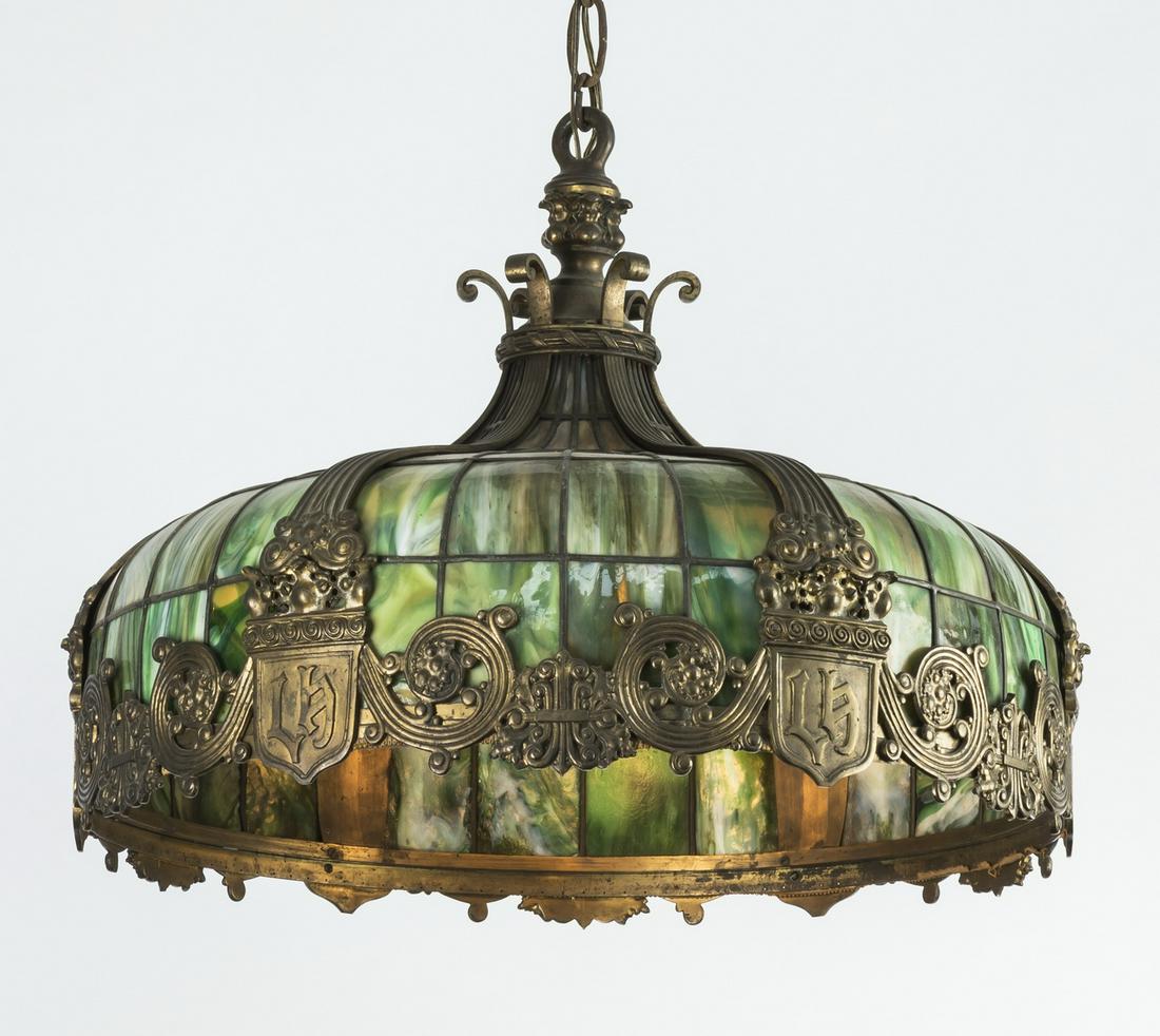 Early 20th c. bronze and slag glass chandelier (1 of 4)