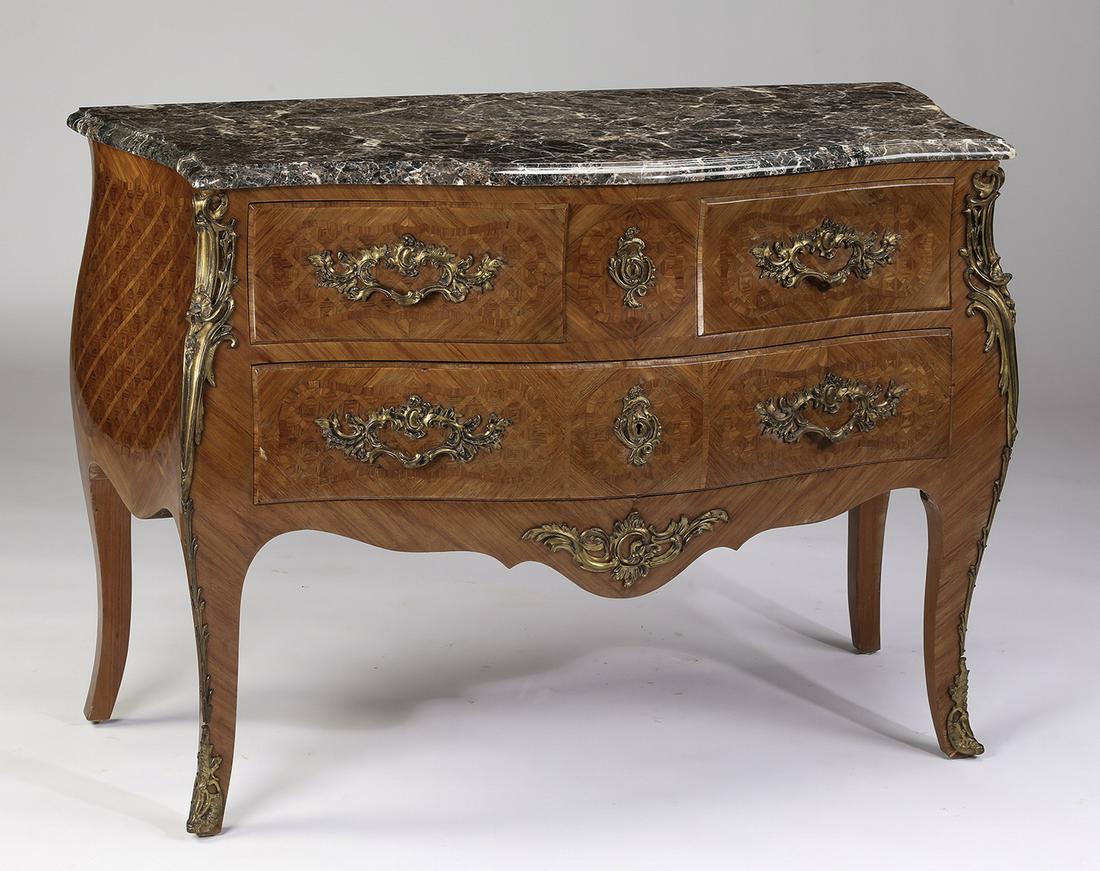 Early 20th c. parquetry inlaid marble top commode (1 of 3)
