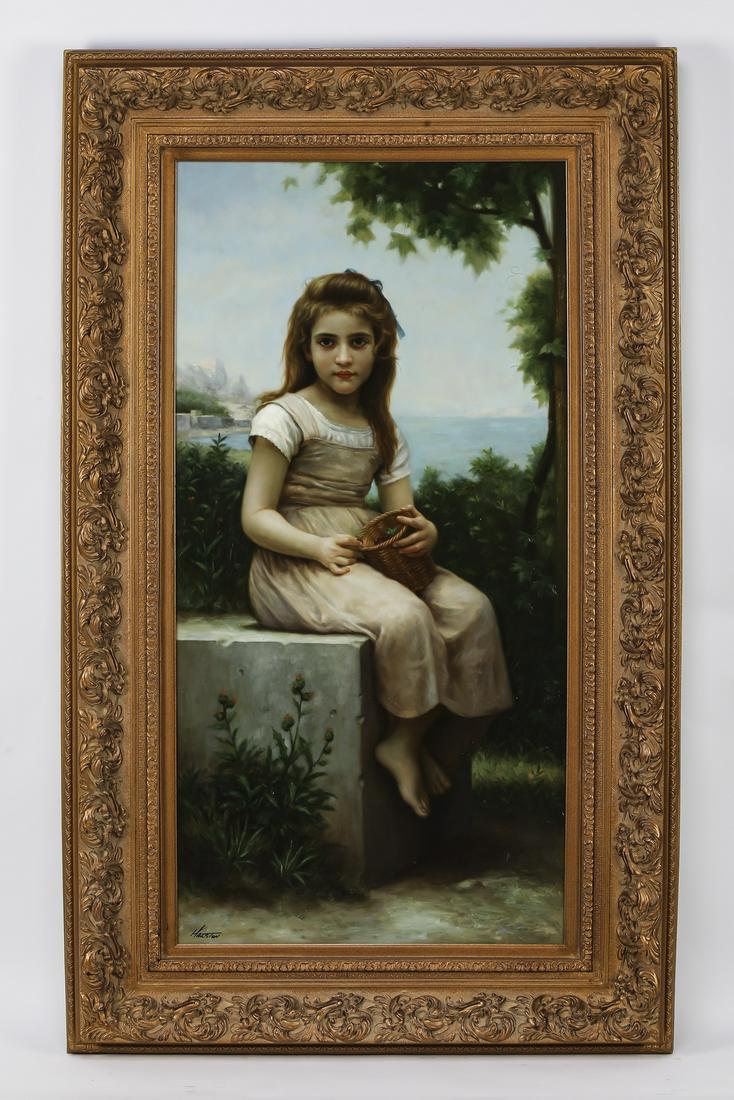 ContemporaryÊO/c of a young girl, after Bouguereau: Contemporary oil on canvas, in the manner of William-Adolphe BouguereauÊ(French,1825- 1905), depicting a young girl holding a tiny basket, signed lower left 'Halston', in a carved and gilt frame, 47.