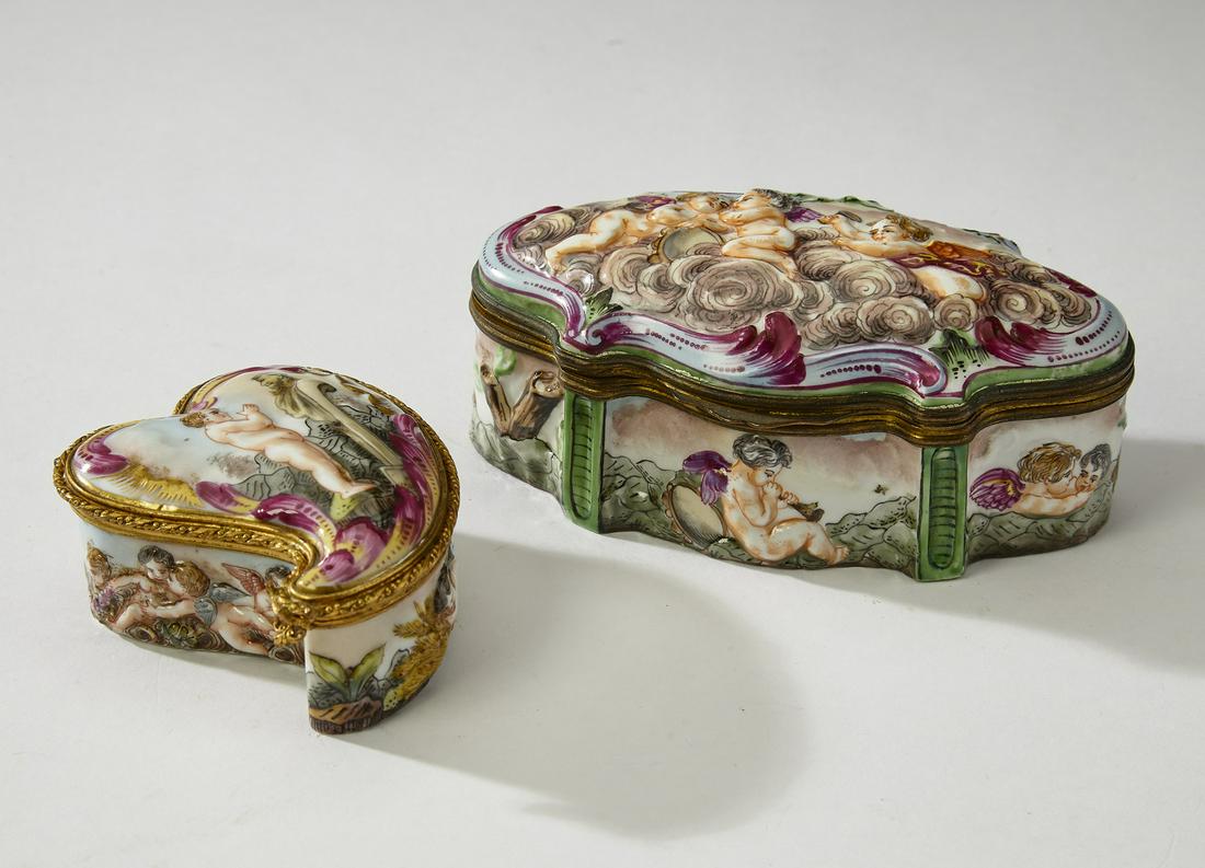 (2) Capodimonte hand painted porcelain dresser boxes (1 of 5)