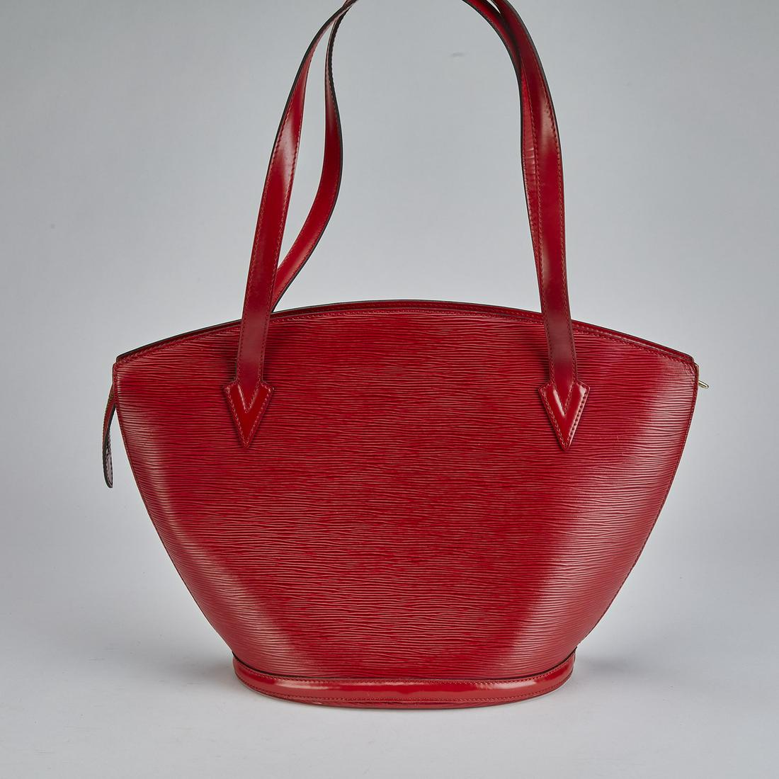 Authentic Louis Vuitton Red Epi St-Jacques GM: Authentic Louis Vuitton Red Epi St-Jacques GM, having dual flat shoulder straps and gold hardware, the zip closure opening to a suede interior with a single pocket, serial number AS0916, 11.75"h x 10.