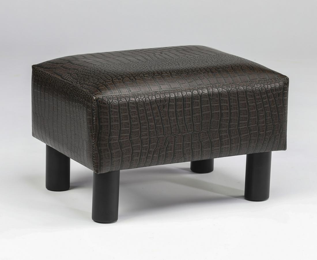Crocodile embossed faux leather footstool: Contemporary crocodile embossed faux leather footstool, having a rectangular form rising on cylindrical legs, 11"h x w x 12.5"d.
