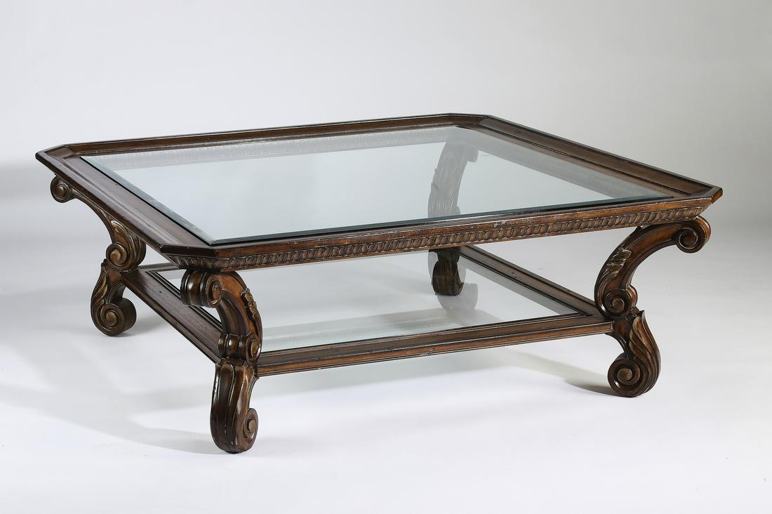 Contemporary glass and wood coffee table, 60"sq (1 of 2)