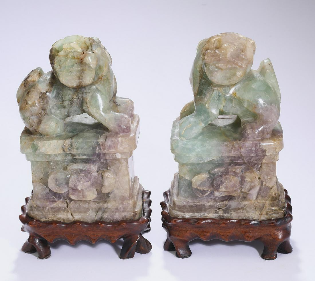 (2) Chinese carved hardstone Fu lions on bases (1 of 9)