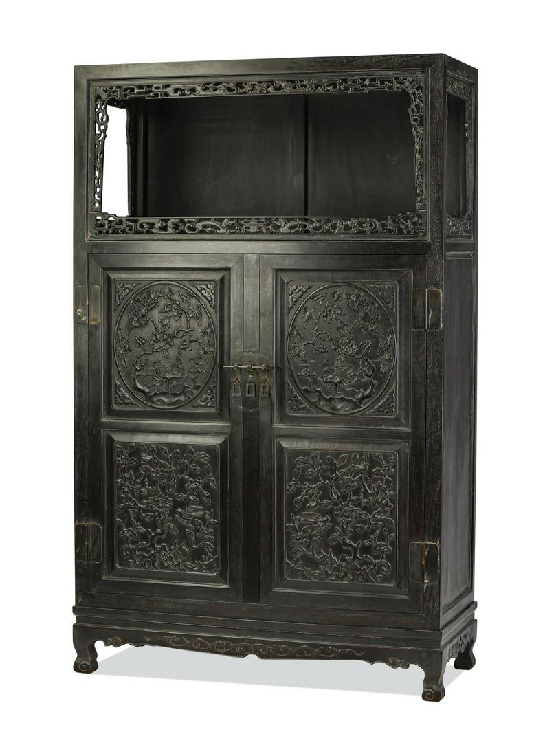 Chinese carved and ebonized cabinet, 77"h (1 of 5)