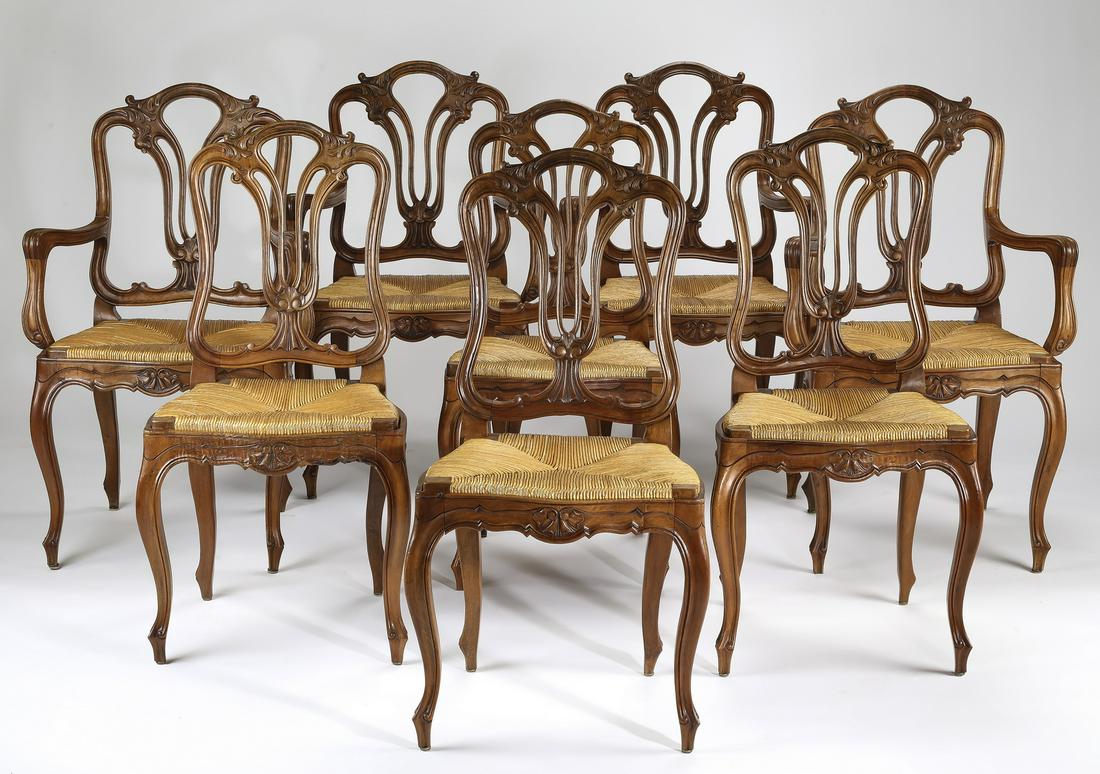(8) 19th c. French Provincial chairs w/ rush seats (1 of 3)