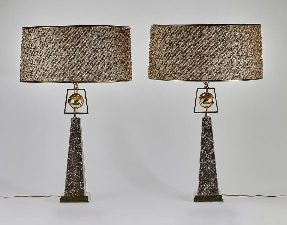 (2) Mid-20th c. Rembrant obelisk & sphere brass lamps (1 of 6)