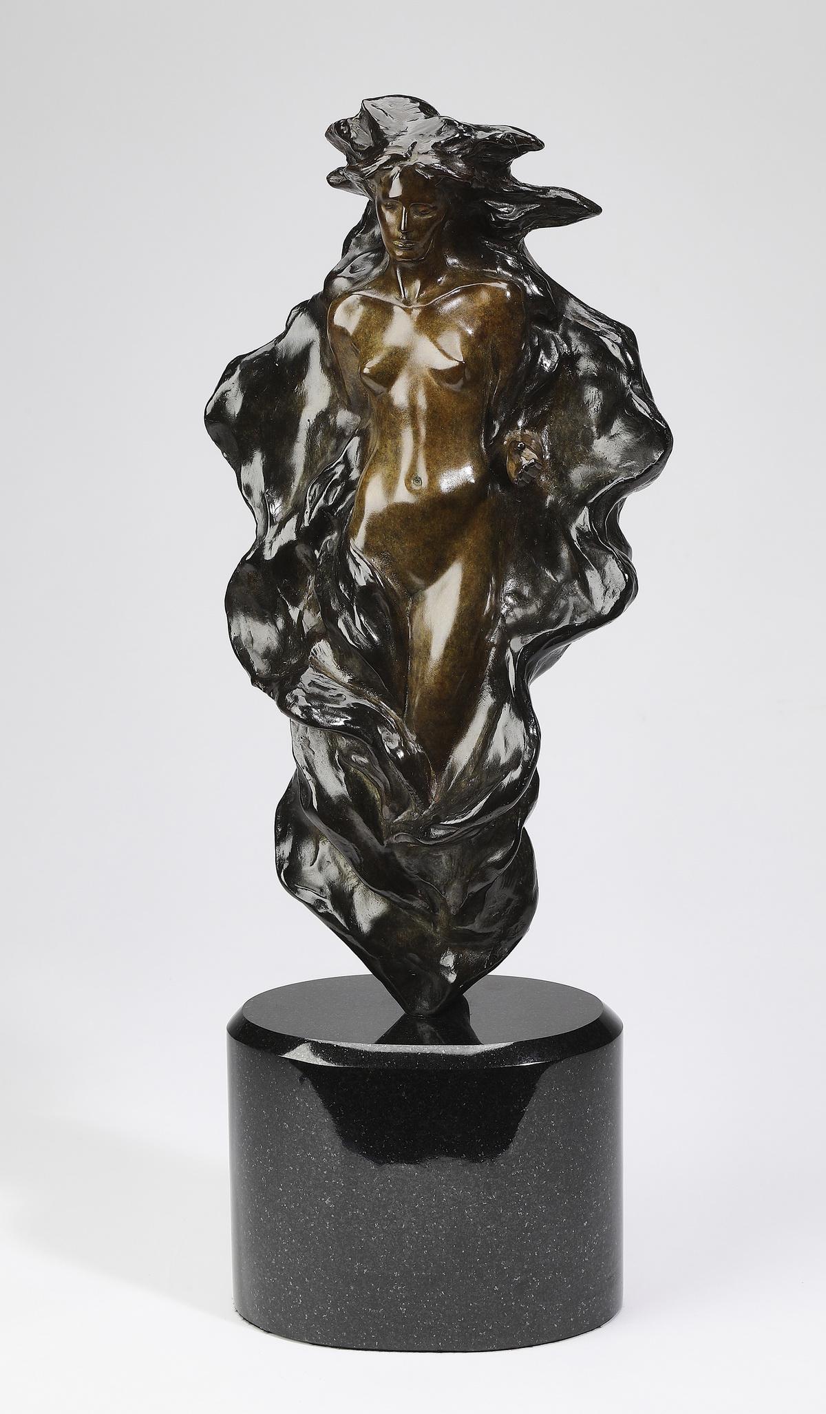 Frederick Hart bronze 'Woman w/ Outstretched Arm': Frederick Hart (American 1943-1999), bronze sculpture titled 'Woman with Outstretched Arm,' 2002, depicting a nude woman with one arm outstretched amidst floating drapery, rising on a black granite ba
